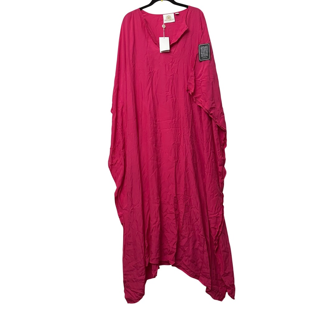 NicoBlu Hot Pink Kaftan Maxi Dress Womens L-XL Resort Wear Split Neck New